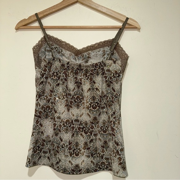 Women’s Vintage Y2K Brown Paisley Print Lace Trim Sparkle Cami Tank Top Size L - Picture 8 of 13